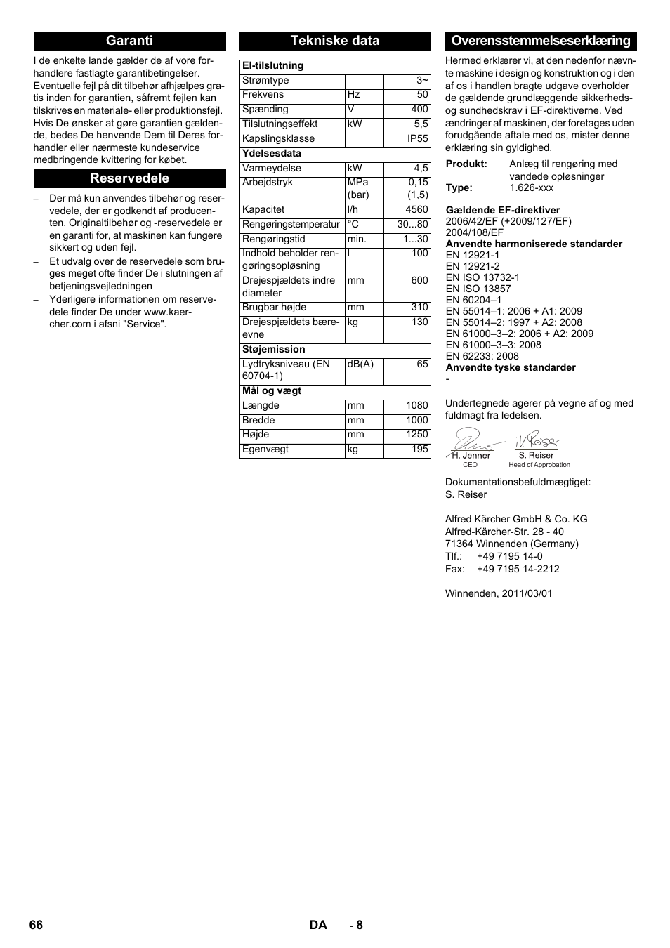 Garanti reservedele tekniske data, Overensstemmelseserklæring | Karcher PC 60-130 T User Manual | Page 66 / 220