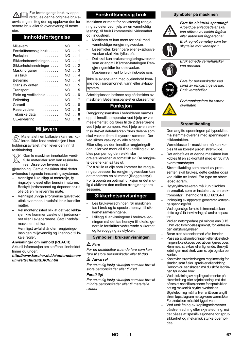 Norsk, Innholdsfortegnelse, Miljøvern forskriftsmessig bruk | Funksjon sikkerhetsanvisninger | Karcher PC 60-130 T User Manual | Page 67 / 220