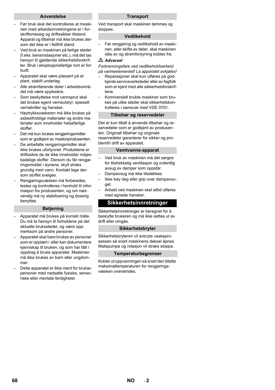 Sikkerhetsinnretninger | Karcher PC 60-130 T User Manual | Page 68 / 220