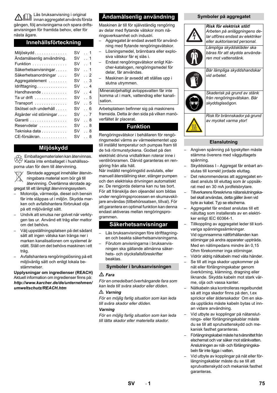 Svenska, Innehållsförteckning, Miljöskydd ändamålsenlig användning | Funktion säkerhetsanvisningar | Karcher PC 60-130 T User Manual | Page 75 / 220