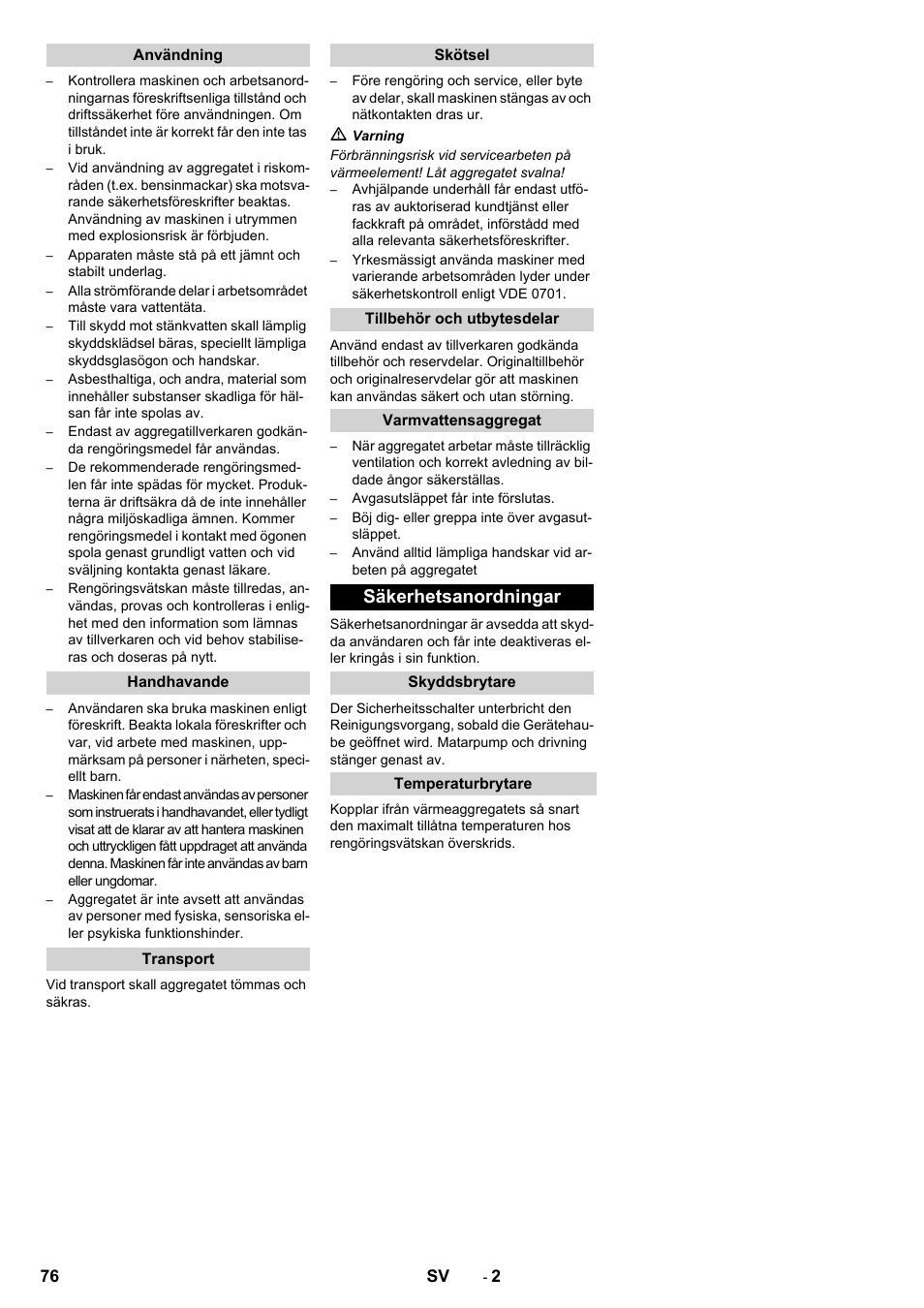 Säkerhetsanordningar | Karcher PC 60-130 T User Manual | Page 76 / 220