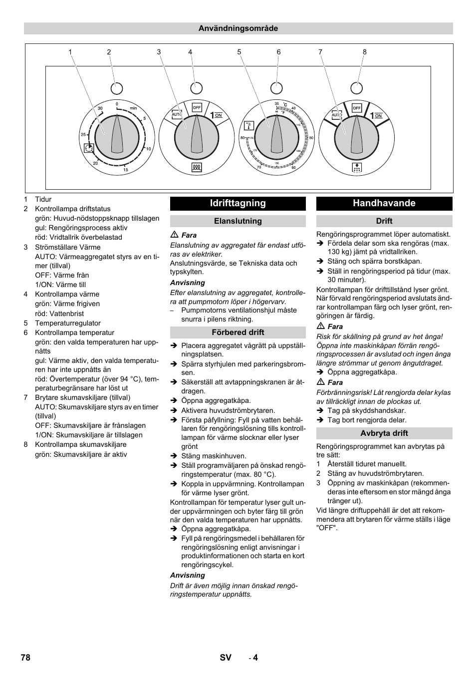 Idrifttagning, Handhavande | Karcher PC 60-130 T User Manual | Page 78 / 220