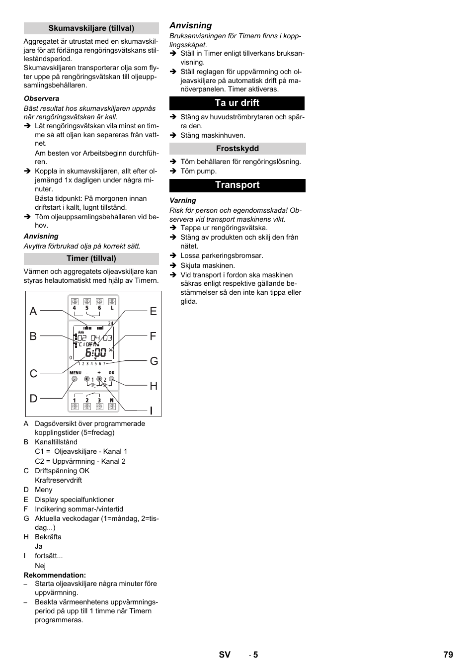 Ta ur drift, Transport | Karcher PC 60-130 T User Manual | Page 79 / 220