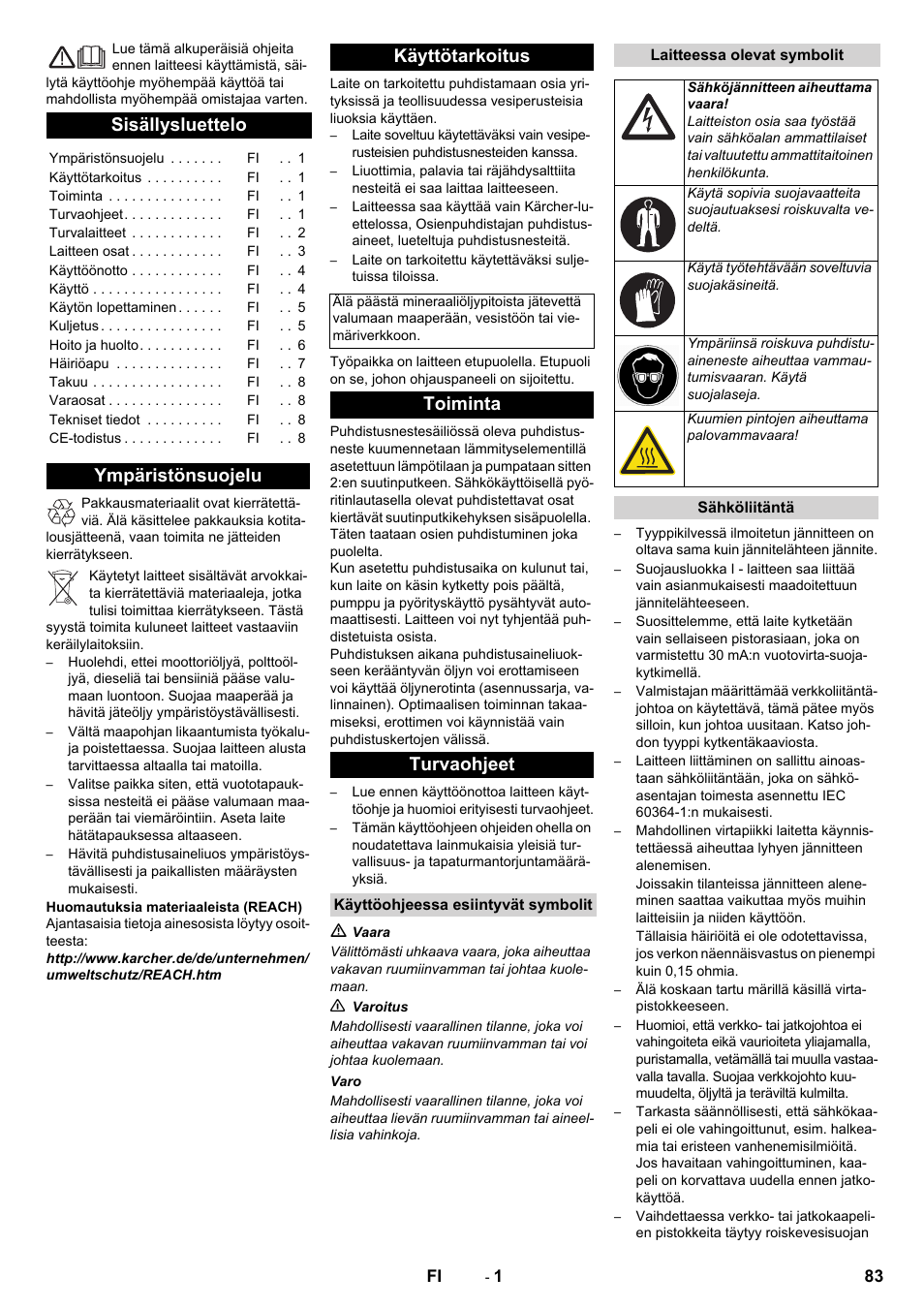 Suomi, Sisällysluettelo, Ympäristönsuojelu käyttötarkoitus | Toiminta turvaohjeet | Karcher PC 60-130 T User Manual | Page 83 / 220