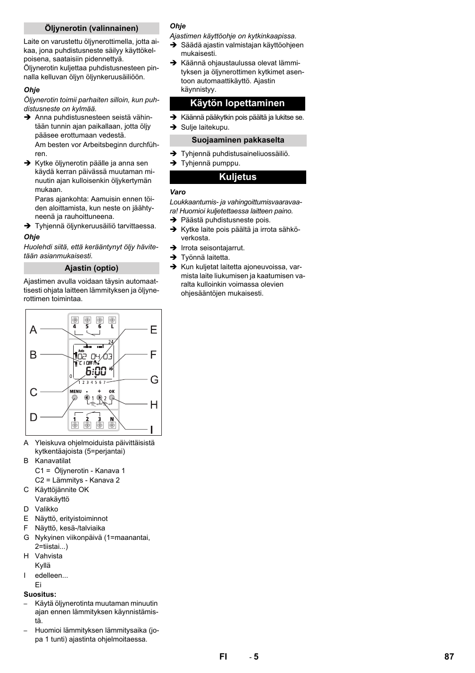 Käytön lopettaminen, Kuljetus | Karcher PC 60-130 T User Manual | Page 87 / 220