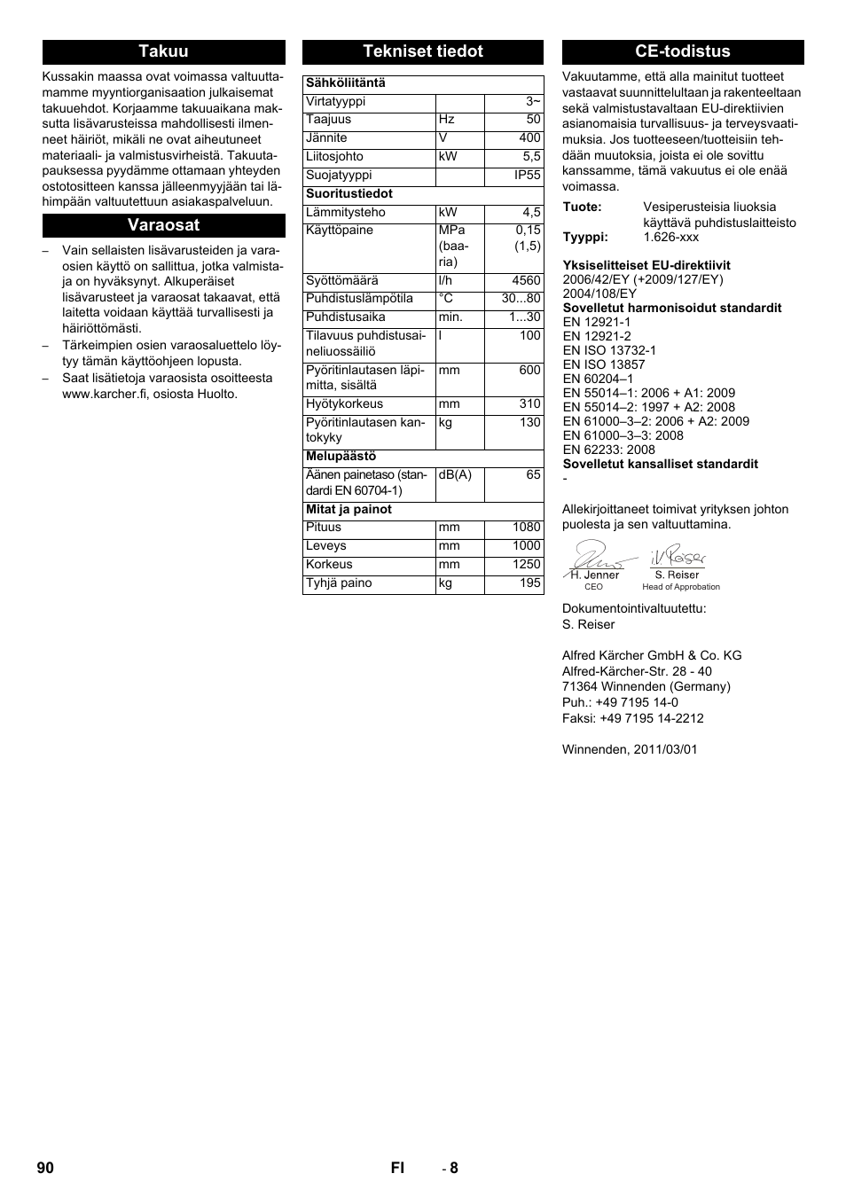Takuu varaosat tekniset tiedot, Ce-todistus | Karcher PC 60-130 T User Manual | Page 90 / 220