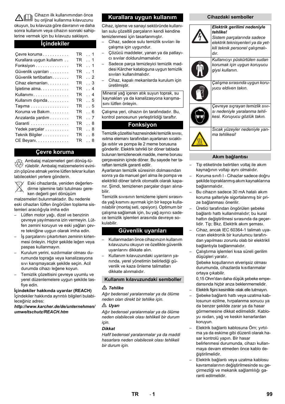 Türkçe, Içindekiler, Çevre koruma kurallara uygun kullanım | Fonksiyon güvenlik uyarıları | Karcher PC 60-130 T User Manual | Page 99 / 220