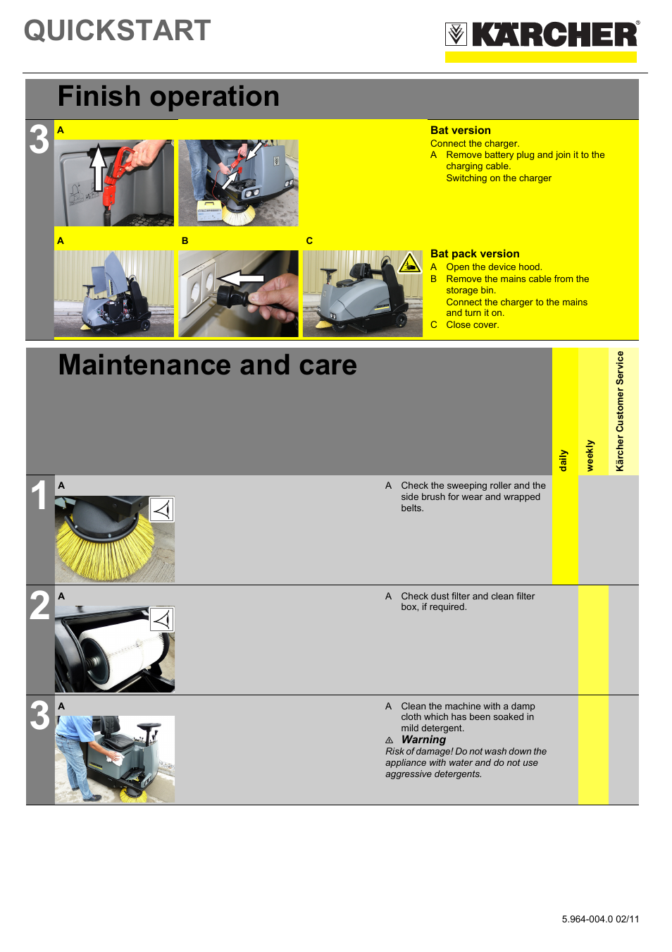 Tabellenreihe, Grafik, Bat version | Connect the charger, Switching on the charger, Bat pack version, A open the device hood, B remove the mains cable from the storage bin, Connect the charger to the mains and turn it on, C close cover | Karcher KMR 1250 BAT User Manual | Page 4 / 5
