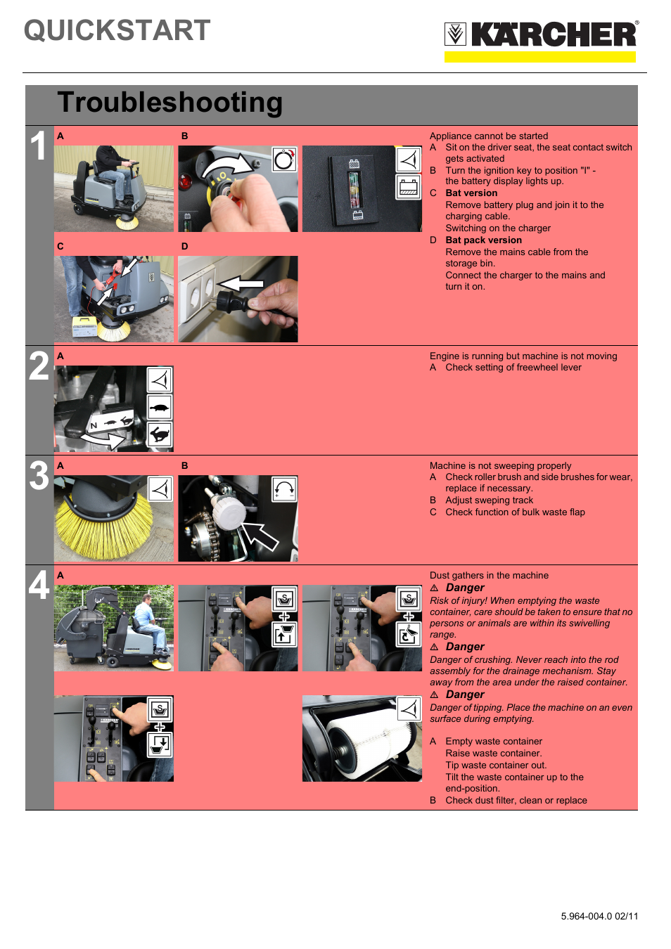 Tabelle, Tabellenkopfzeile, Tabellenreihe | Troubleshooting, Tabellenhaupttext, Grafik, Appliance cannot be started, C bat version, Switching on the charger, D bat pack version | Karcher KMR 1250 BAT User Manual | Page 5 / 5