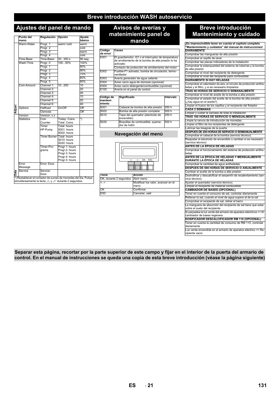 Avisos de averías y matenimiento panel de mando, Breve introducción mantenimiento y cuidado, 131 es | Navegación del menú | Karcher SB-WASH 50-10 User Manual | Page 131 / 542