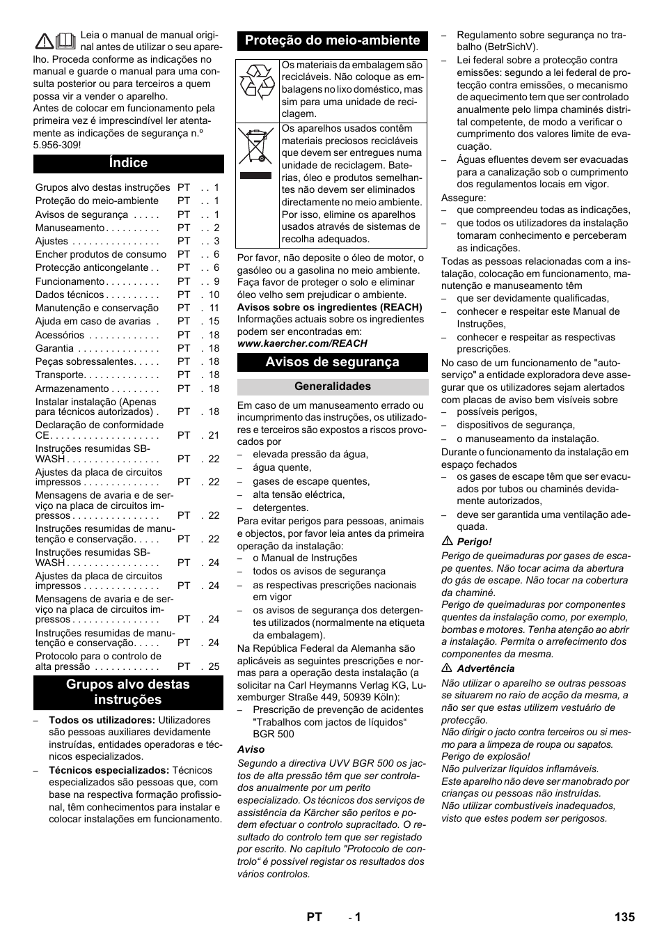 Português, Índice, Avisos de segurança | Karcher SB-WASH 50-10 User Manual | Page 135 / 542