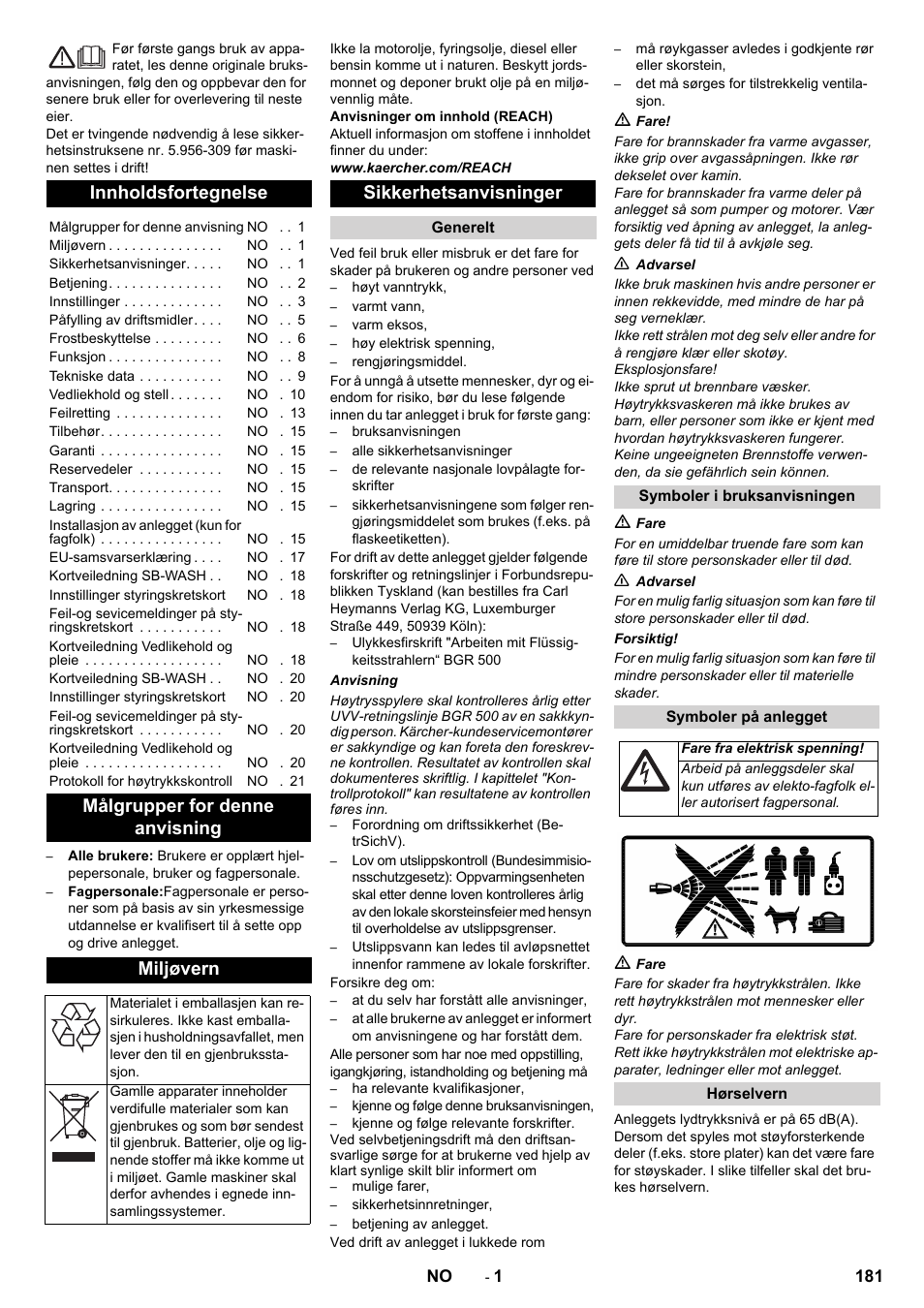 Norsk, Innholdsfortegnelse, Målgrupper for denne anvisning miljøvern | Sikkerhetsanvisninger | Karcher SB-WASH 50-10 User Manual | Page 181 / 542