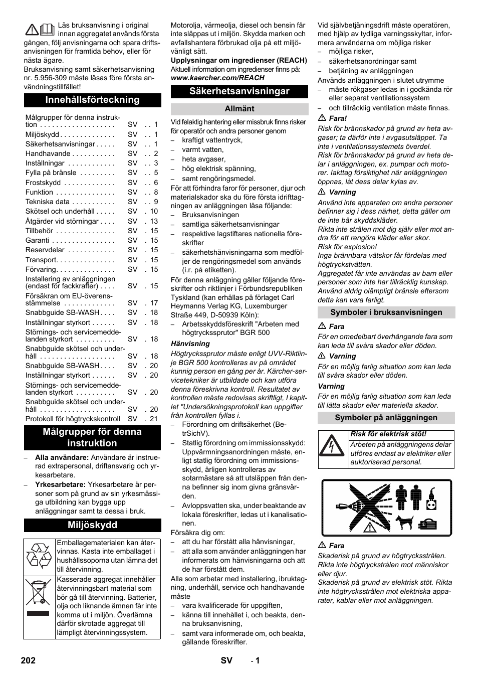 Svenska, Innehållsförteckning, Målgrupper för denna instruktion miljöskydd | Säkerhetsanvisningar | Karcher SB-WASH 50-10 User Manual | Page 202 / 542