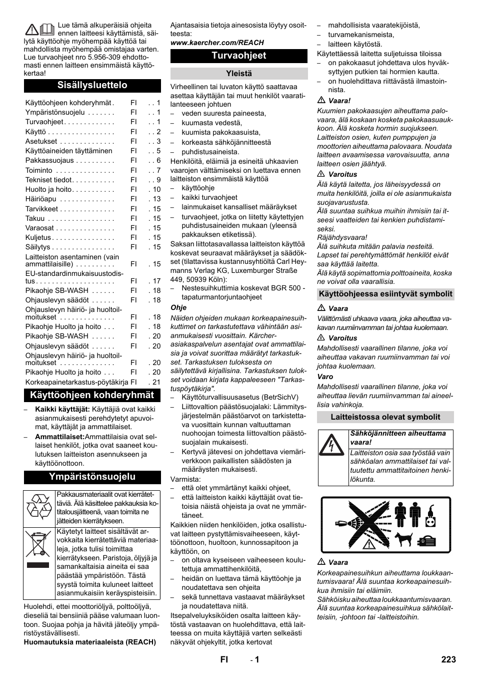 Suomi, Sisällysluettelo, Käyttöohjeen kohderyhmät ympäristönsuojelu | Turvaohjeet | Karcher SB-WASH 50-10 User Manual | Page 223 / 542