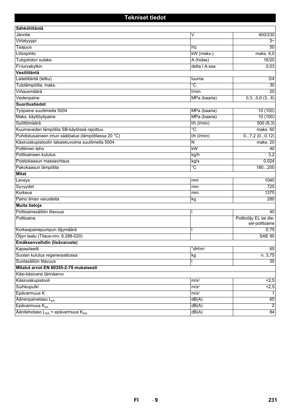 Tekniset tiedot | Karcher SB-WASH 50-10 User Manual | Page 231 / 542