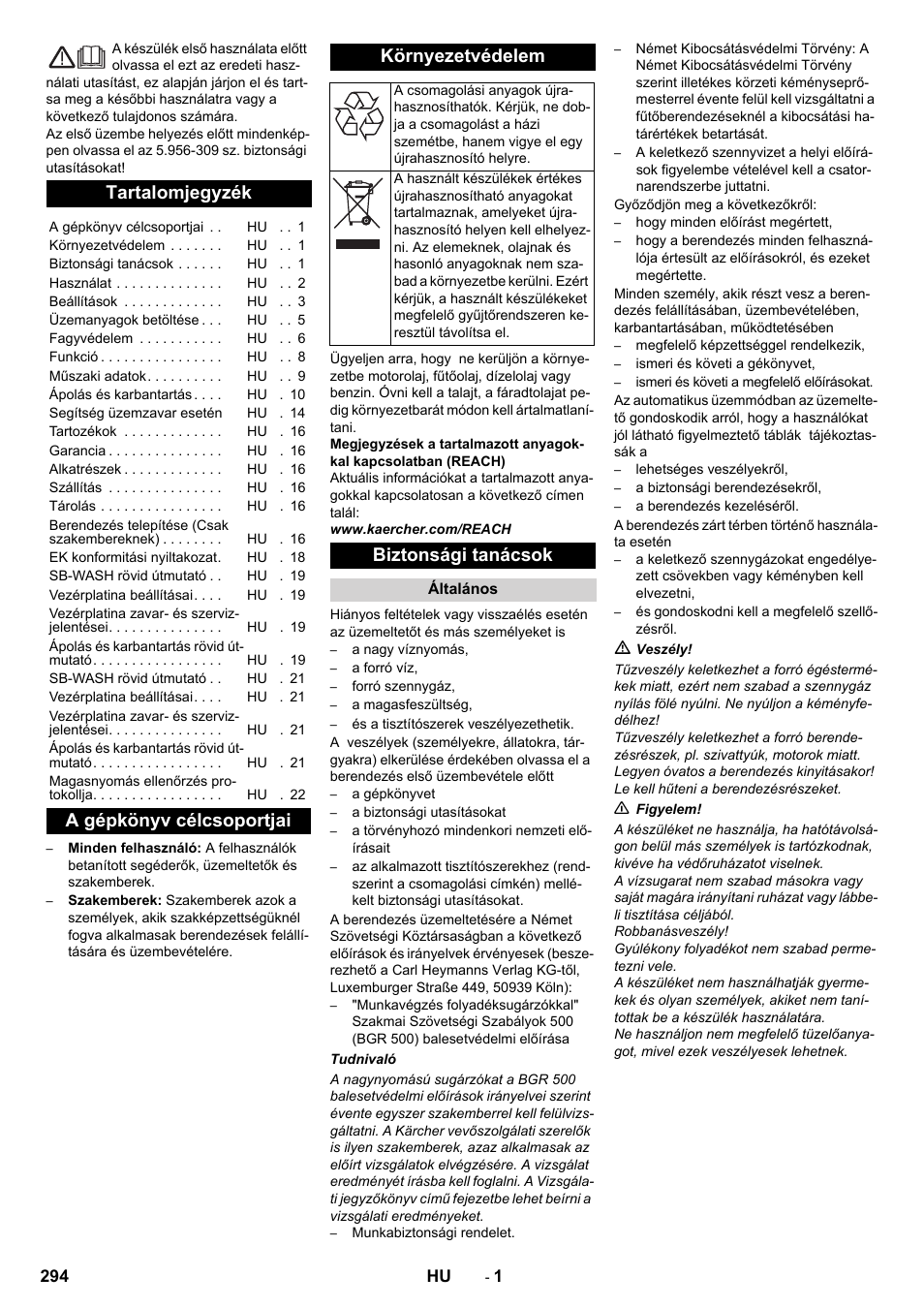 Magyar, Tartalomjegyzék, A gépkönyv célcsoportjai környezetvédelem | Biztonsági tanácsok | Karcher SB-WASH 50-10 User Manual | Page 294 / 542