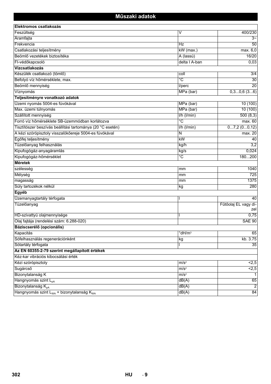 Műszaki adatok | Karcher SB-WASH 50-10 User Manual | Page 302 / 542