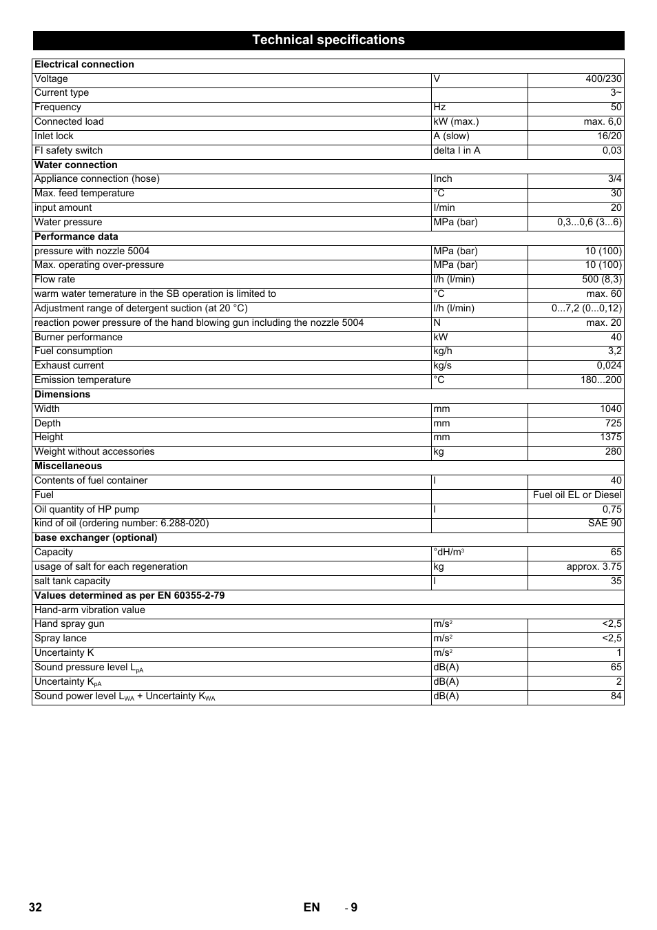 Technical specifications | Karcher SB-WASH 50-10 User Manual | Page 32 / 542