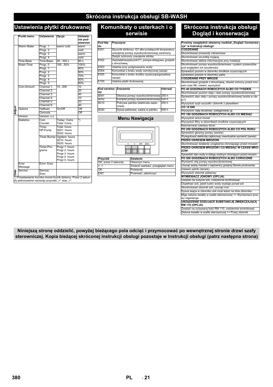 Komunikaty o usterkach i o serwisie, Skrócona instrukcja obsługi dogląd i konserwacja, 380 pl | Menu nawigacja | Karcher SB-WASH 50-10 User Manual | Page 380 / 542