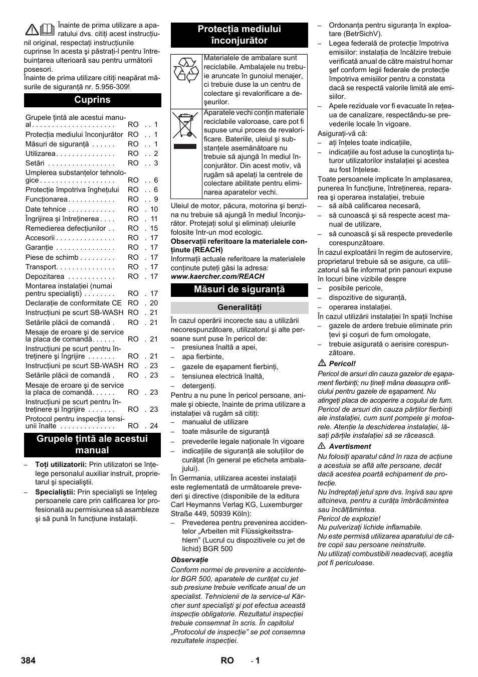 Româneşte, Cuprins, Măsuri de siguranţă | Karcher SB-WASH 50-10 User Manual | Page 384 / 542