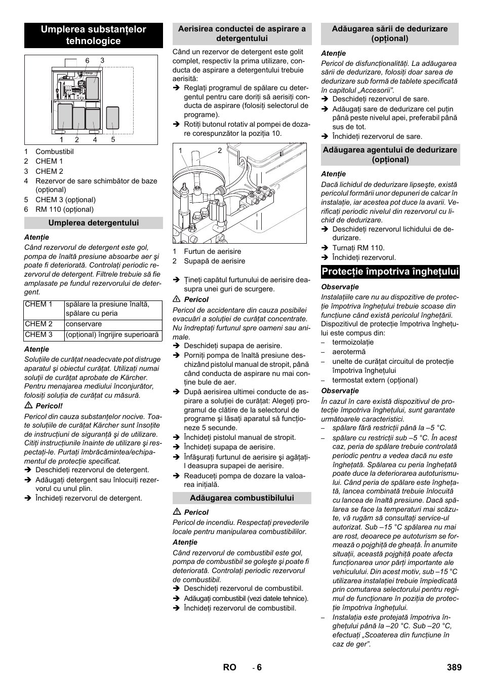 Umplerea substanţelor tehnologice, Protecţie împotriva îngheţului | Karcher SB-WASH 50-10 User Manual | Page 389 / 542