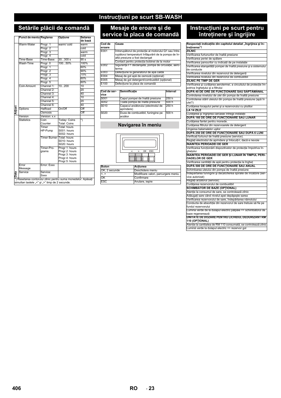 Mesaje de eroare şi de service la placa de comandă, 406 ro, Navigarea în meniu | Karcher SB-WASH 50-10 User Manual | Page 406 / 542