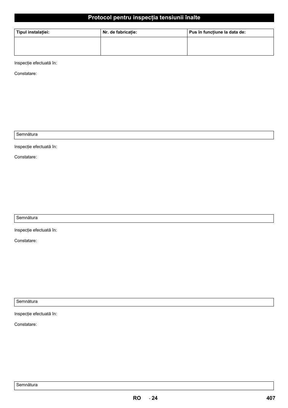 Protocol pentru inspecţia tensiunii înalte | Karcher SB-WASH 50-10 User Manual | Page 407 / 542