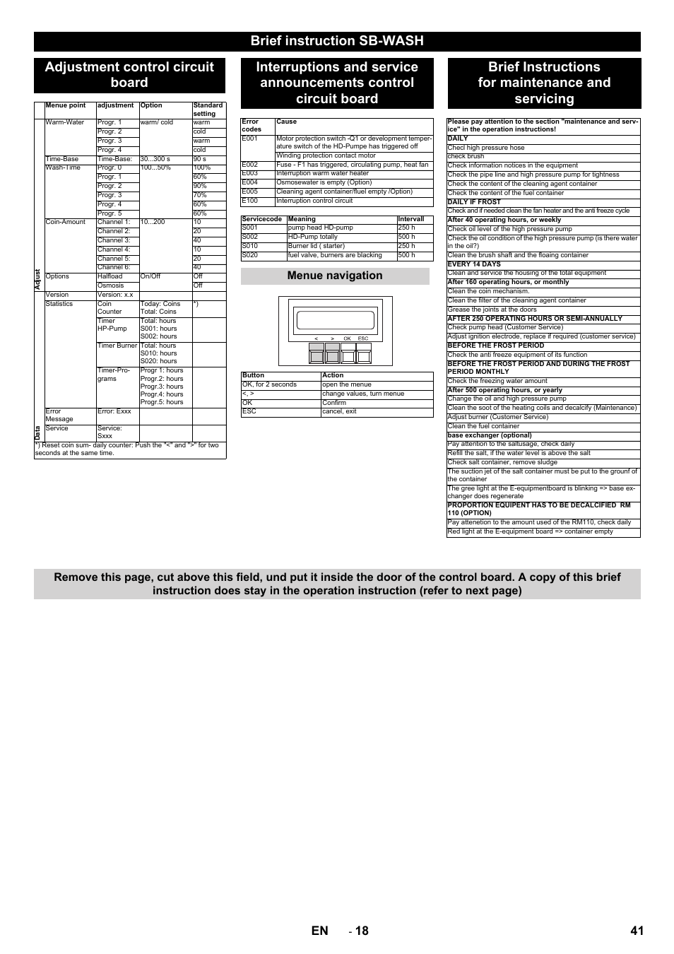 Brief instructions for maintenance and servicing, 41 en, Menue navigation | Karcher SB-WASH 50-10 User Manual | Page 41 / 542