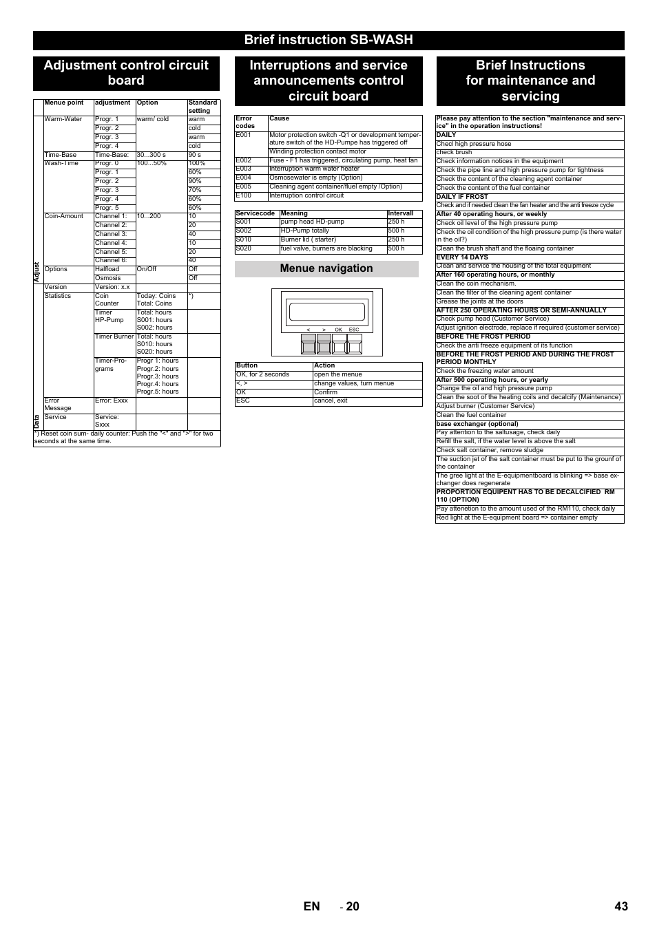 Brief instructions for maintenance and servicing, 43 en, Menue navigation | Karcher SB-WASH 50-10 User Manual | Page 43 / 542