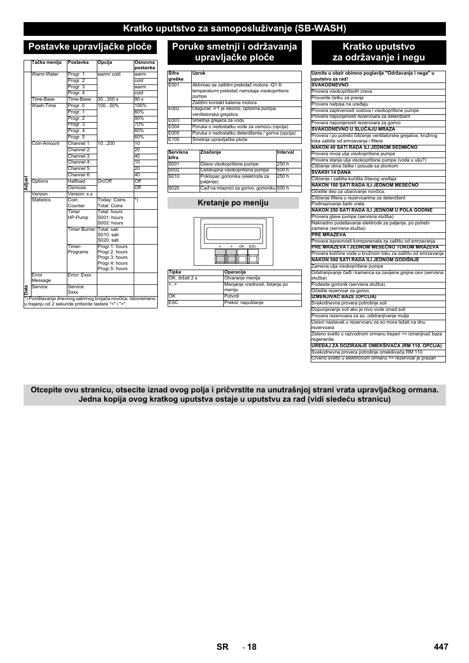 Poruke smetnji i održavanja upravljačke ploče, Kratko uputstvo za održavanje i negu, 447 sr | Kretanje po meniju | Karcher SB-WASH 50-10 User Manual | Page 447 / 542