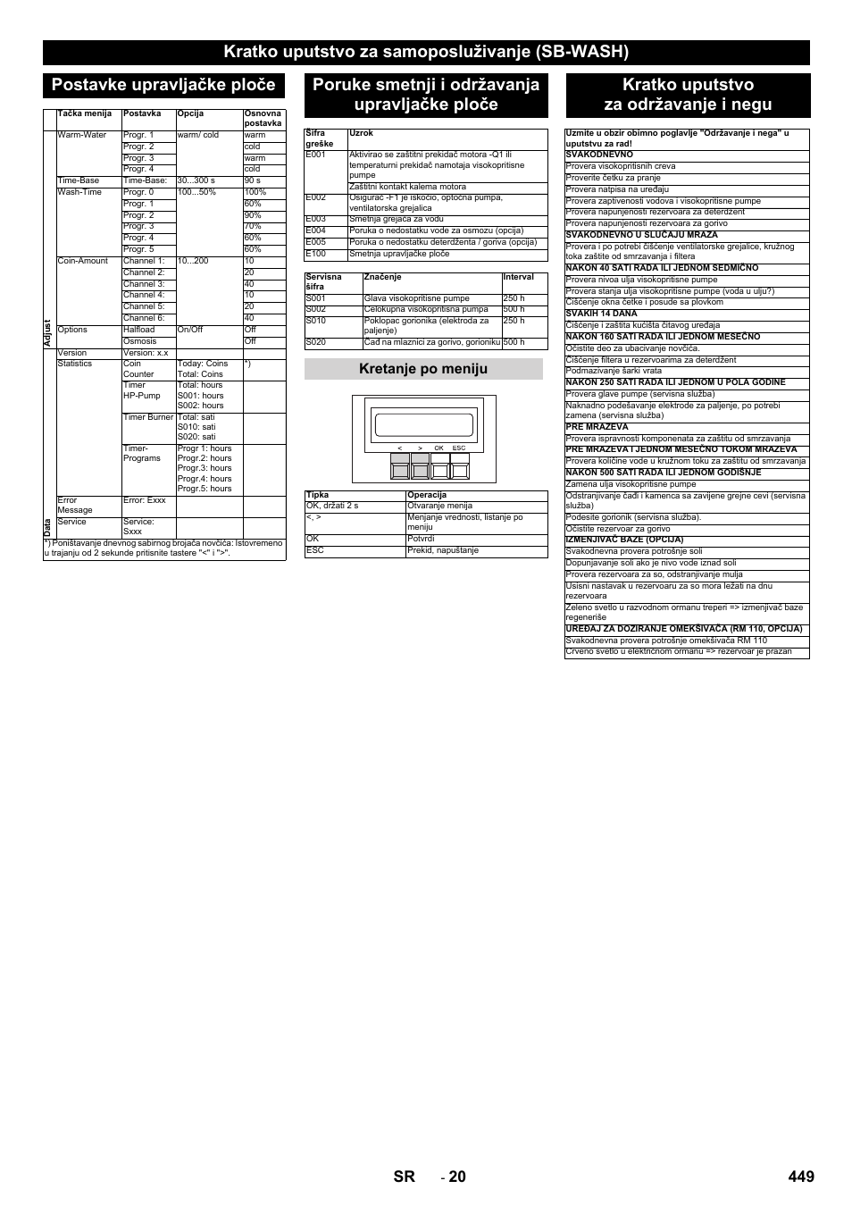 Poruke smetnji i održavanja upravljačke ploče, Kratko uputstvo za održavanje i negu, 449 sr | Kretanje po meniju | Karcher SB-WASH 50-10 User Manual | Page 449 / 542