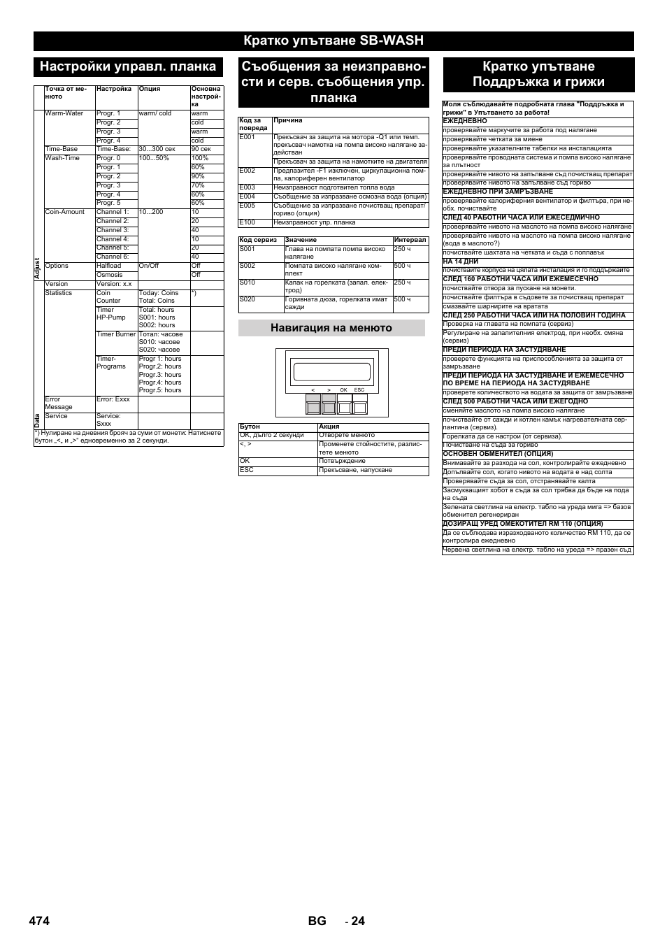 Кратко упътване sb-wash настройки управл. планка, Кратко упътване поддръжка и грижи, 474 bg | Навигация на менюто | Karcher SB-WASH 50-10 User Manual | Page 474 / 542
