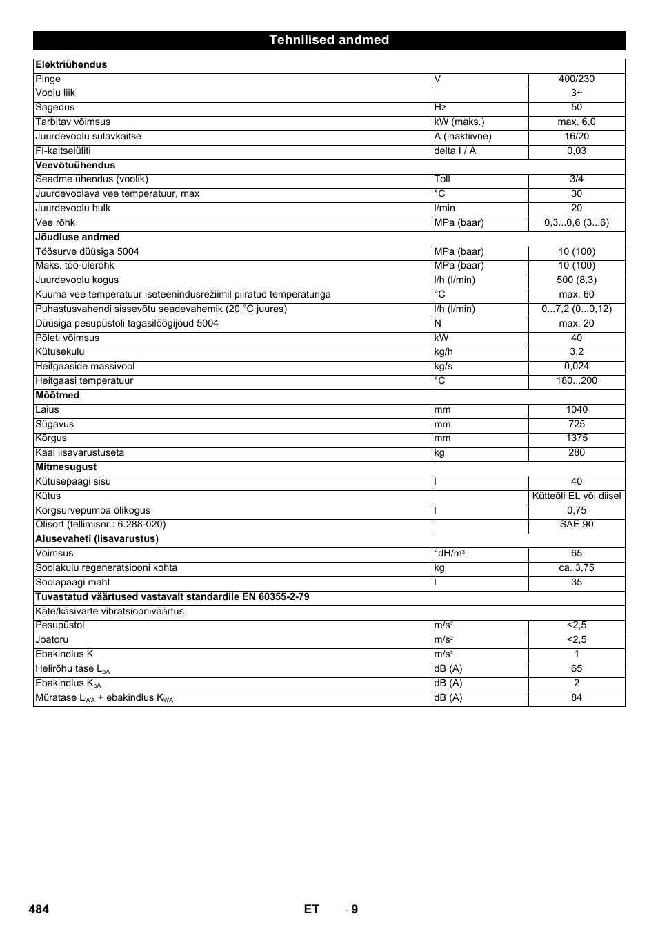 Tehnilised andmed | Karcher SB-WASH 50-10 User Manual | Page 484 / 542