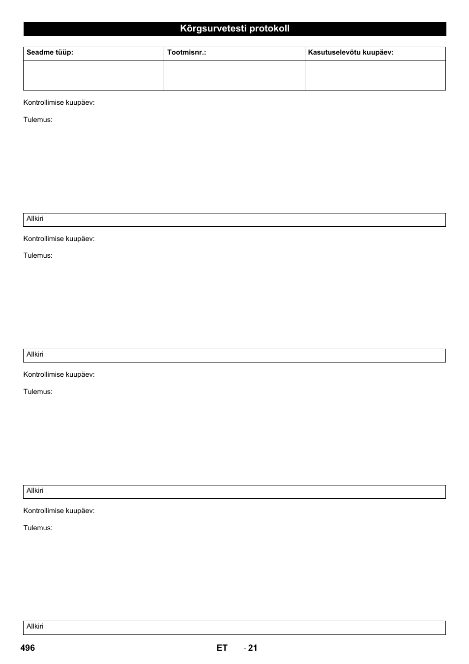 Kõrgsurvetesti protokoll | Karcher SB-WASH 50-10 User Manual | Page 496 / 542