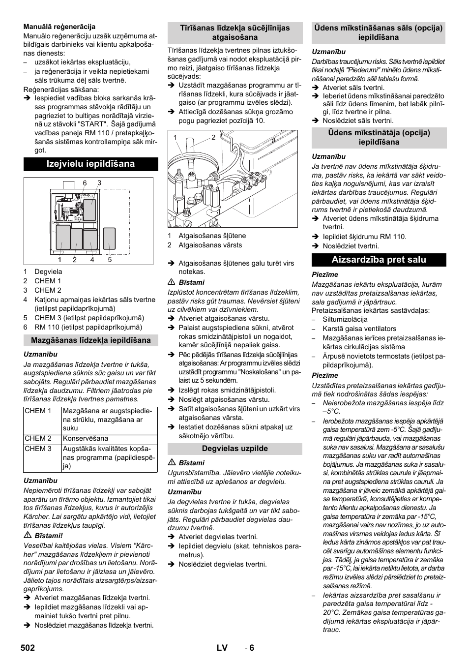 Izejvielu iepildīšana, Aizsardzība pret salu | Karcher SB-WASH 50-10 User Manual | Page 502 / 542