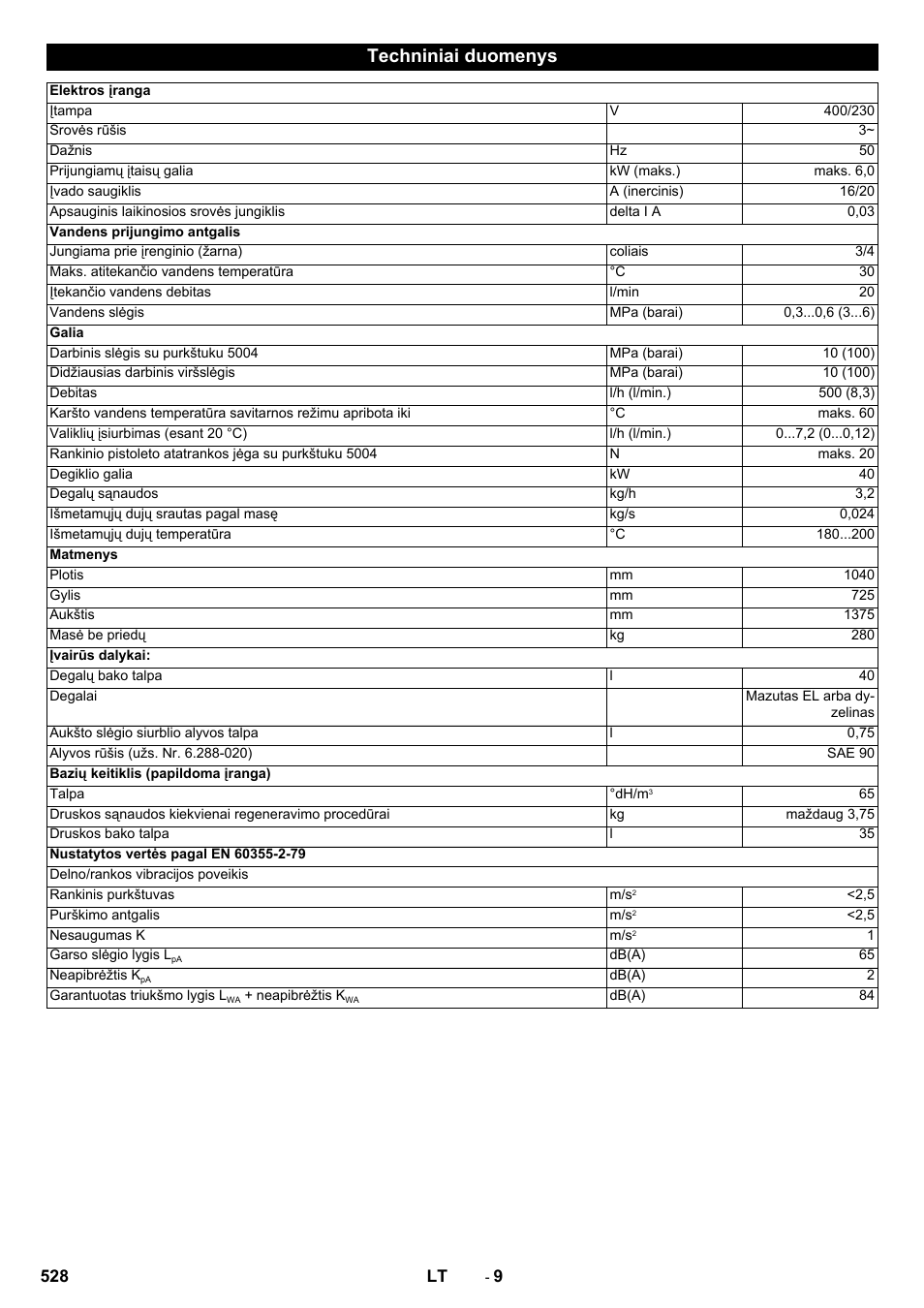 Techniniai duomenys | Karcher SB-WASH 50-10 User Manual | Page 528 / 542