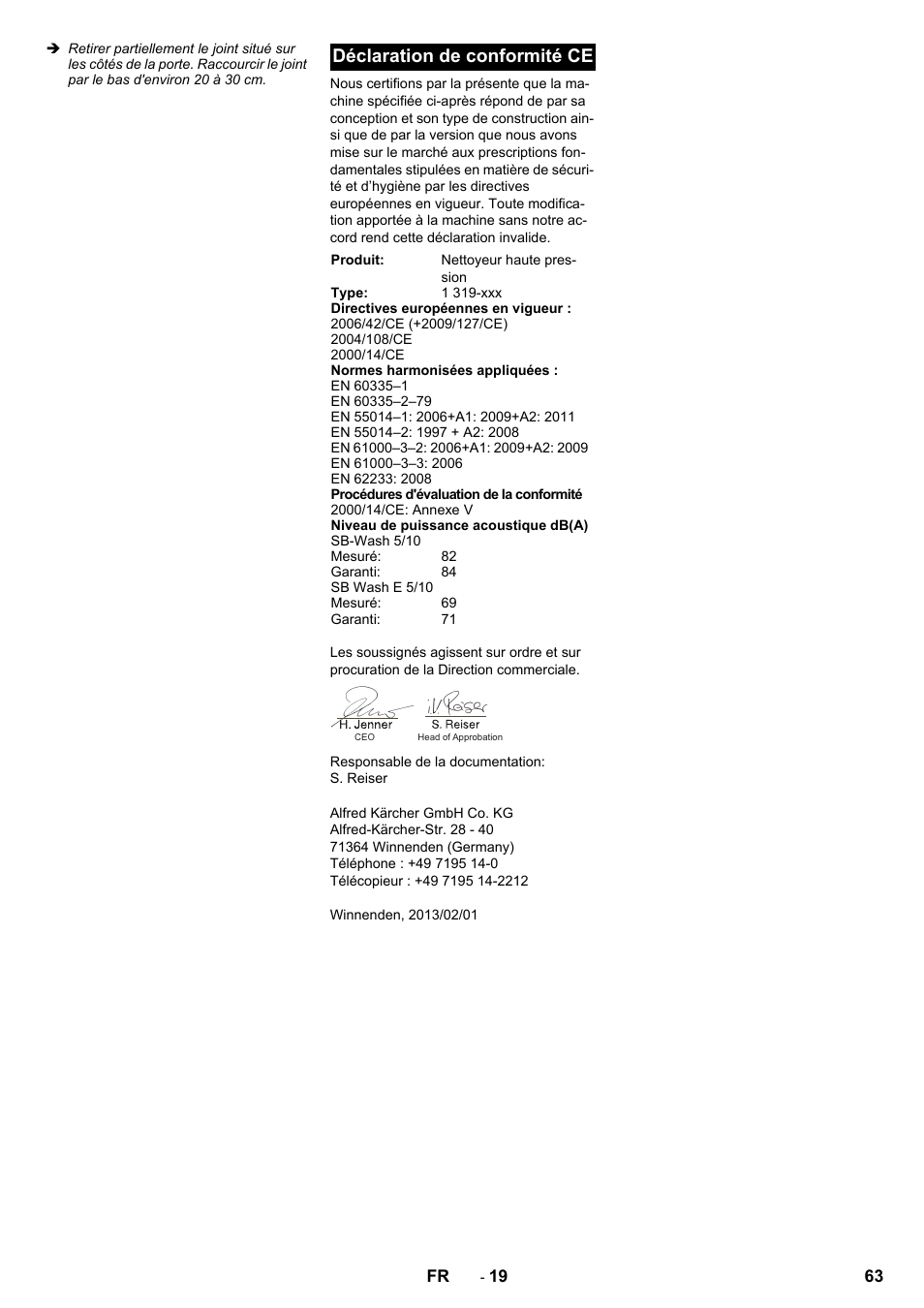 Déclaration de conformité ce | Karcher SB-WASH 50-10 User Manual | Page 63 / 542