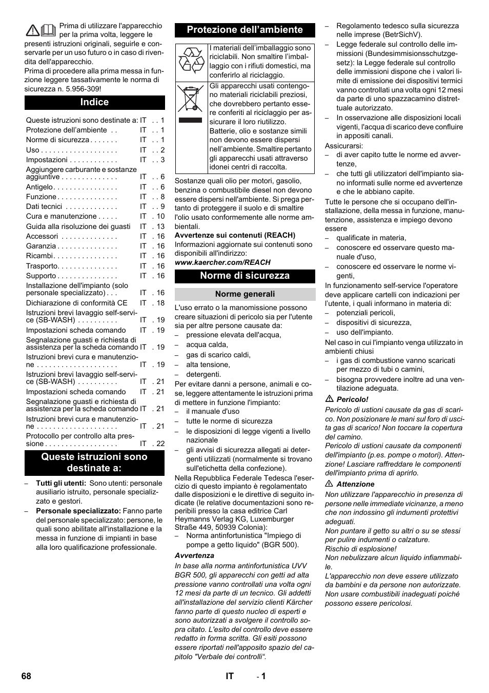 Italiano, Indice, Norme di sicurezza | Karcher SB-WASH 50-10 User Manual | Page 68 / 542