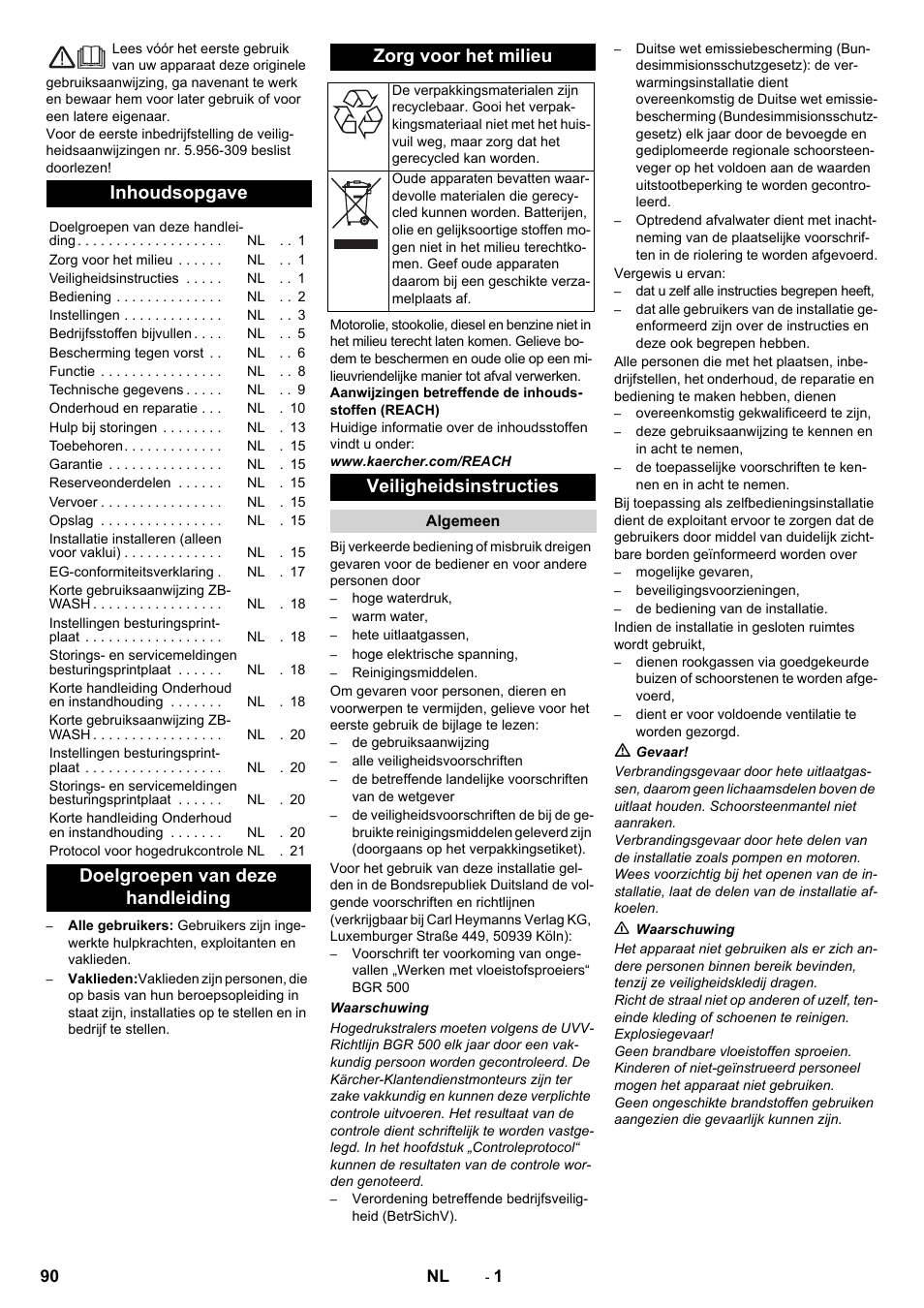 Nederlands, Inhoudsopgave, Veiligheidsinstructies | Karcher SB-WASH 50-10 User Manual | Page 90 / 542