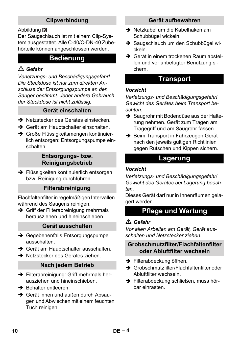 Bedienung, Transport lagerung pflege und wartung | Karcher NT 611 Eco K User Manual | Page 10 / 204