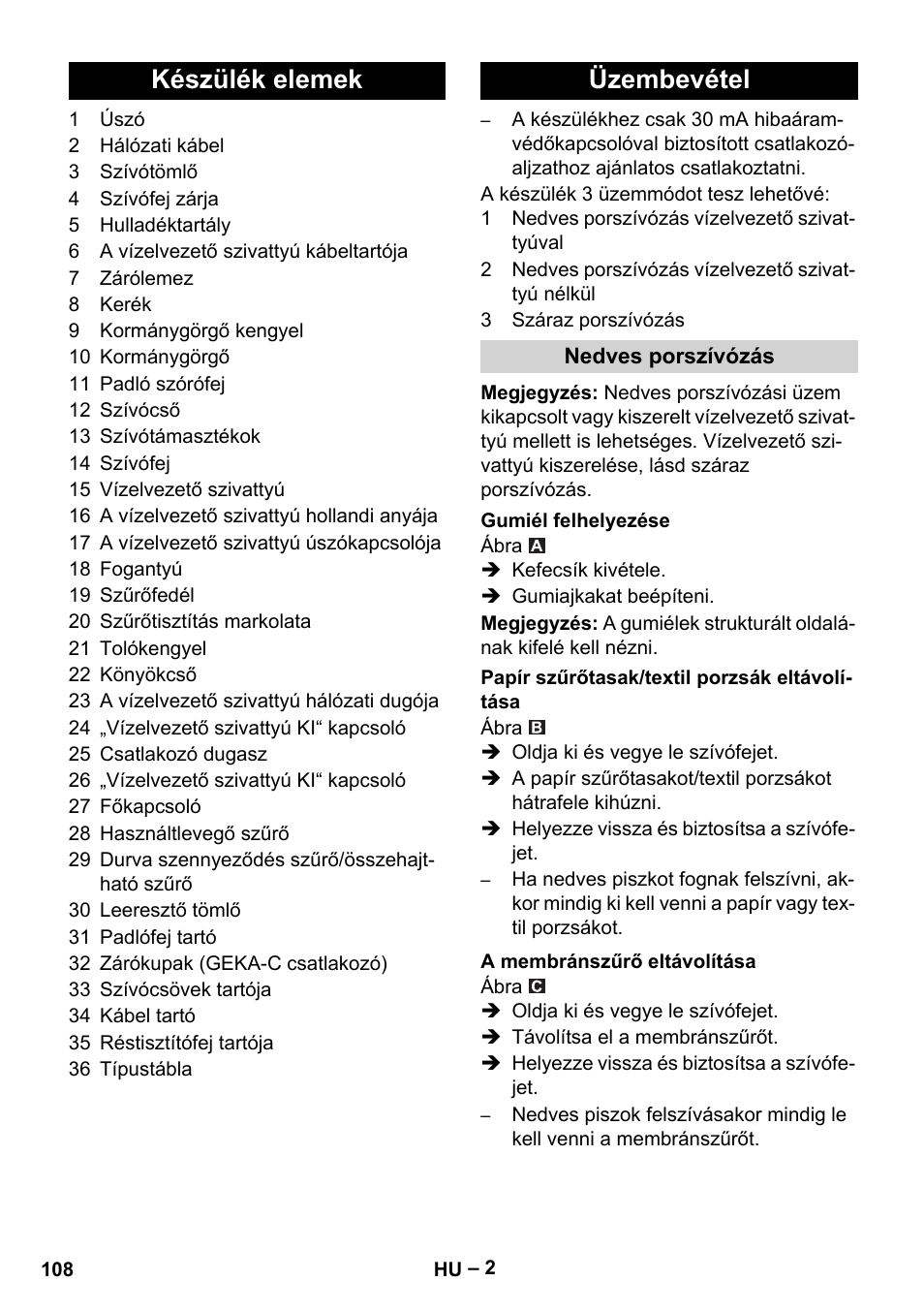 Készülék elemek üzembevétel | Karcher NT 611 Eco K User Manual | Page 108 / 204