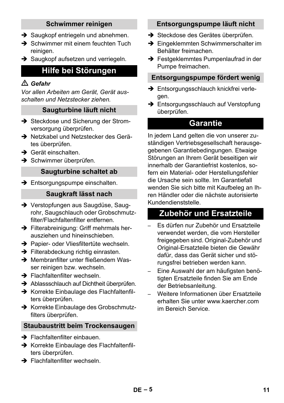 Hilfe bei störungen, Garantie zubehör und ersatzteile | Karcher NT 611 Eco K User Manual | Page 11 / 204