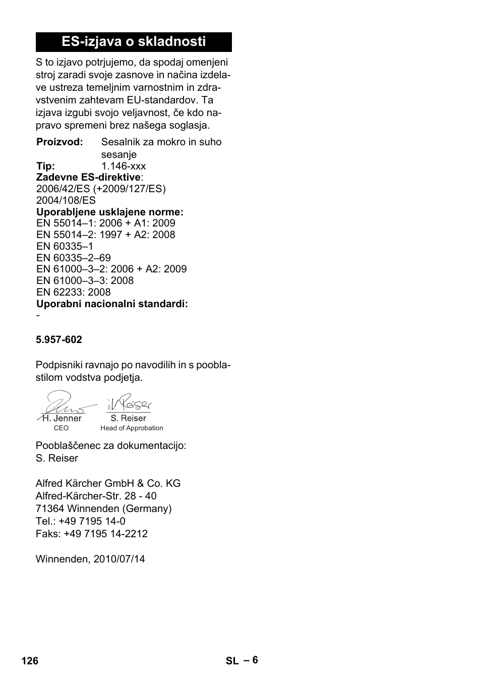 Es-izjava o skladnosti | Karcher NT 611 Eco K User Manual | Page 126 / 204