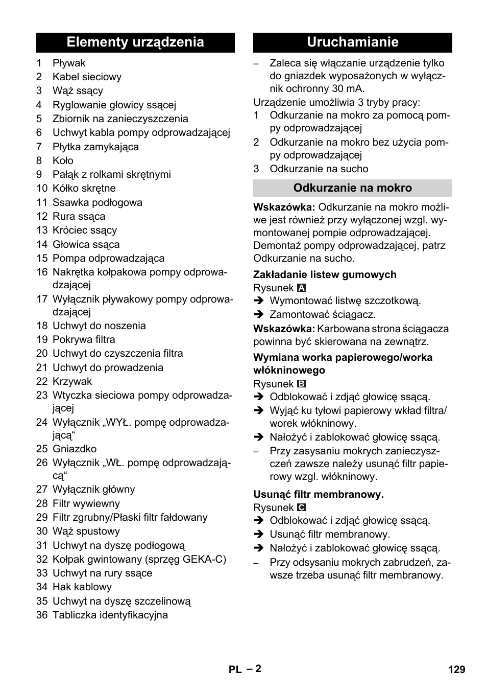 Elementy urządzenia uruchamianie | Karcher NT 611 Eco K User Manual | Page 129 / 204