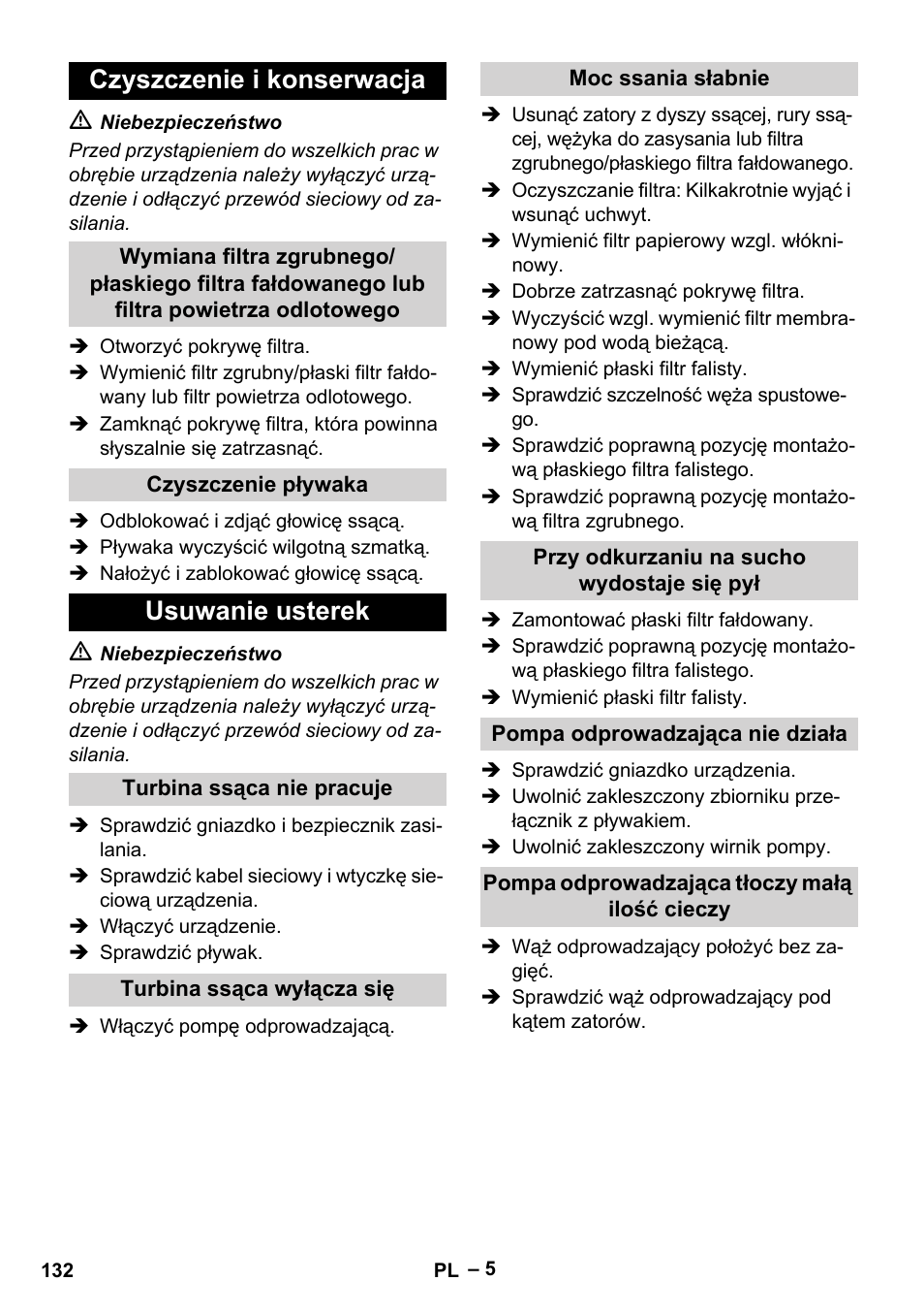 Czyszczenie i konserwacja, Usuwanie usterek | Karcher NT 611 Eco K User Manual | Page 132 / 204