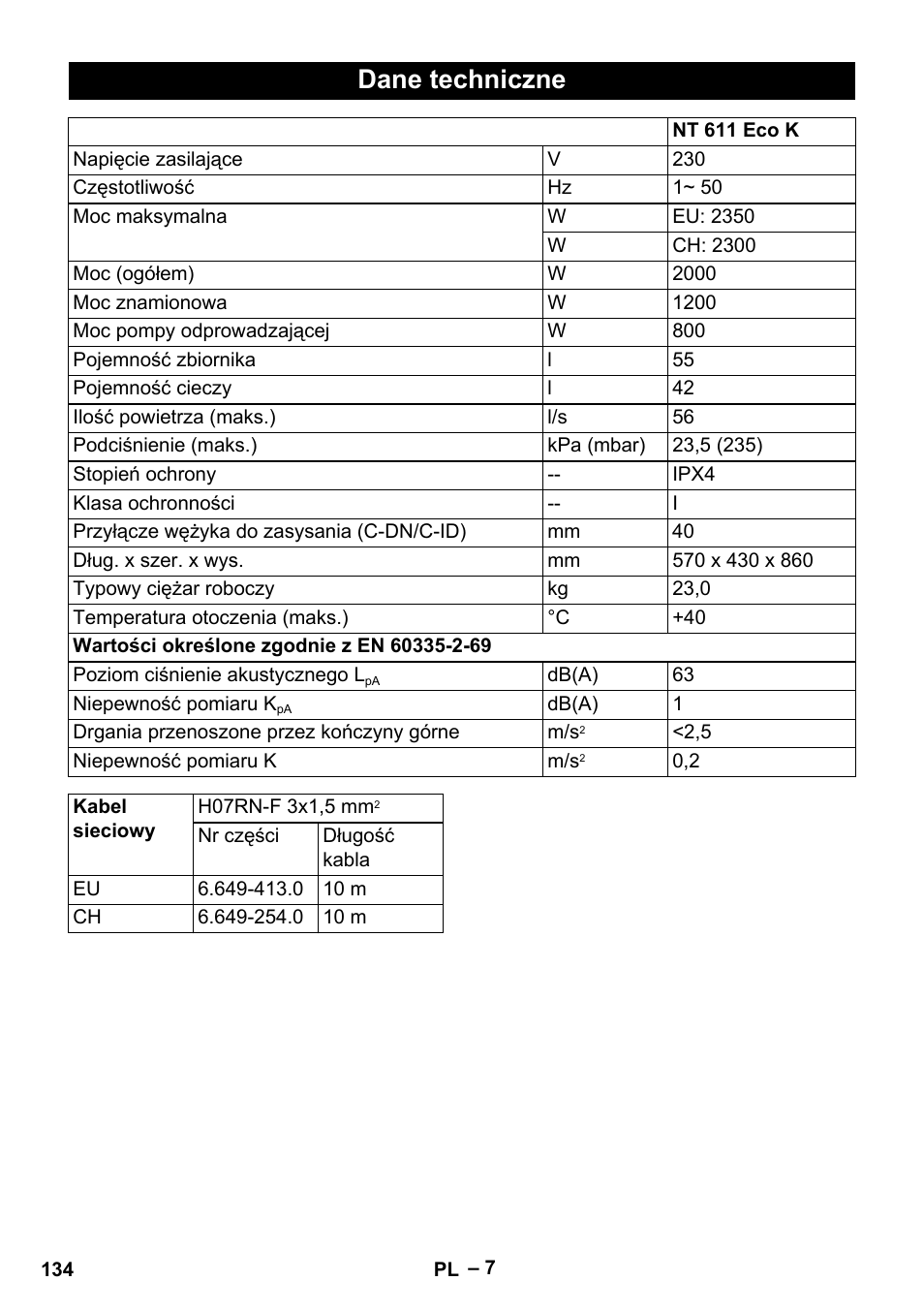 Dane techniczne | Karcher NT 611 Eco K User Manual | Page 134 / 204