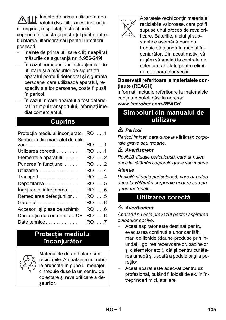 Româneşte, Cuprins, Protecţia mediului înconjurător | Karcher NT 611 Eco K User Manual | Page 135 / 204