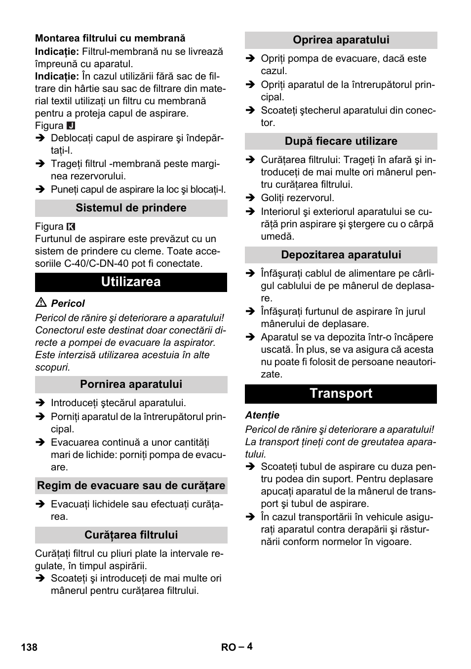 Utilizarea, Transport | Karcher NT 611 Eco K User Manual | Page 138 / 204