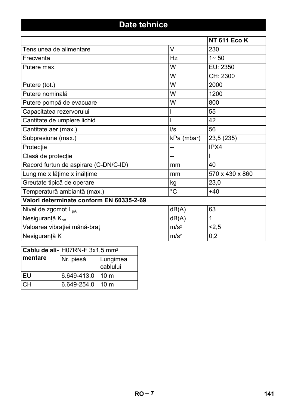 Date tehnice | Karcher NT 611 Eco K User Manual | Page 141 / 204