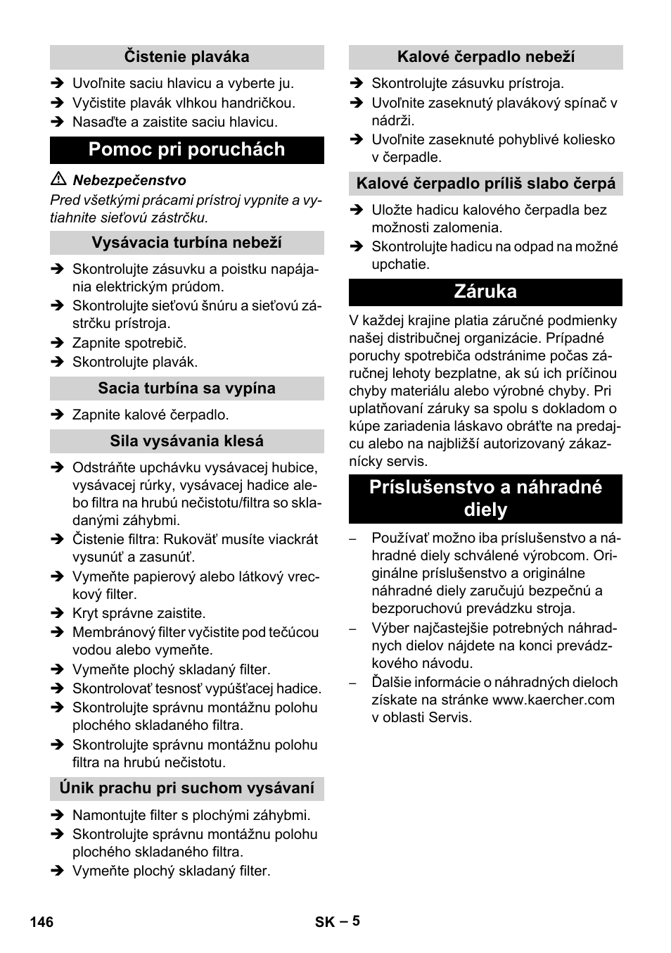 Pomoc pri poruchách, Záruka príslušenstvo a náhradné diely | Karcher NT 611 Eco K User Manual | Page 146 / 204